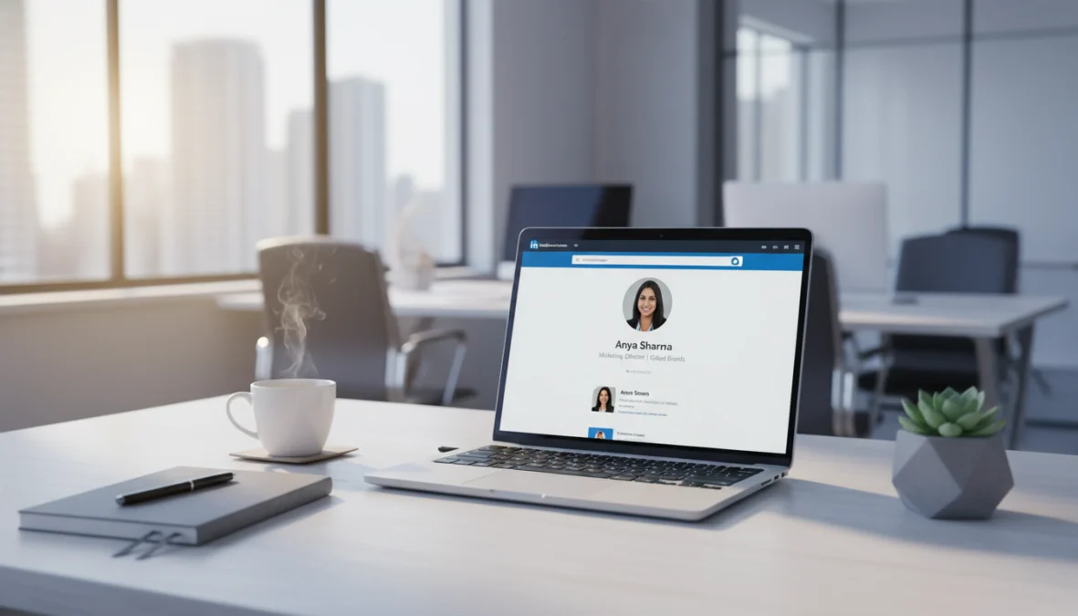 Scrivania professionale con laptop che mostra come ottimizzare profilo LinkedIn