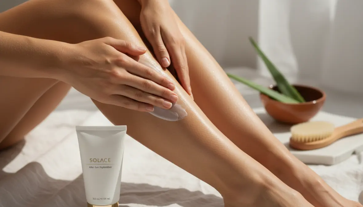 Applicazione di doposole per idratazione pelle estate dopo l'esposizione solare