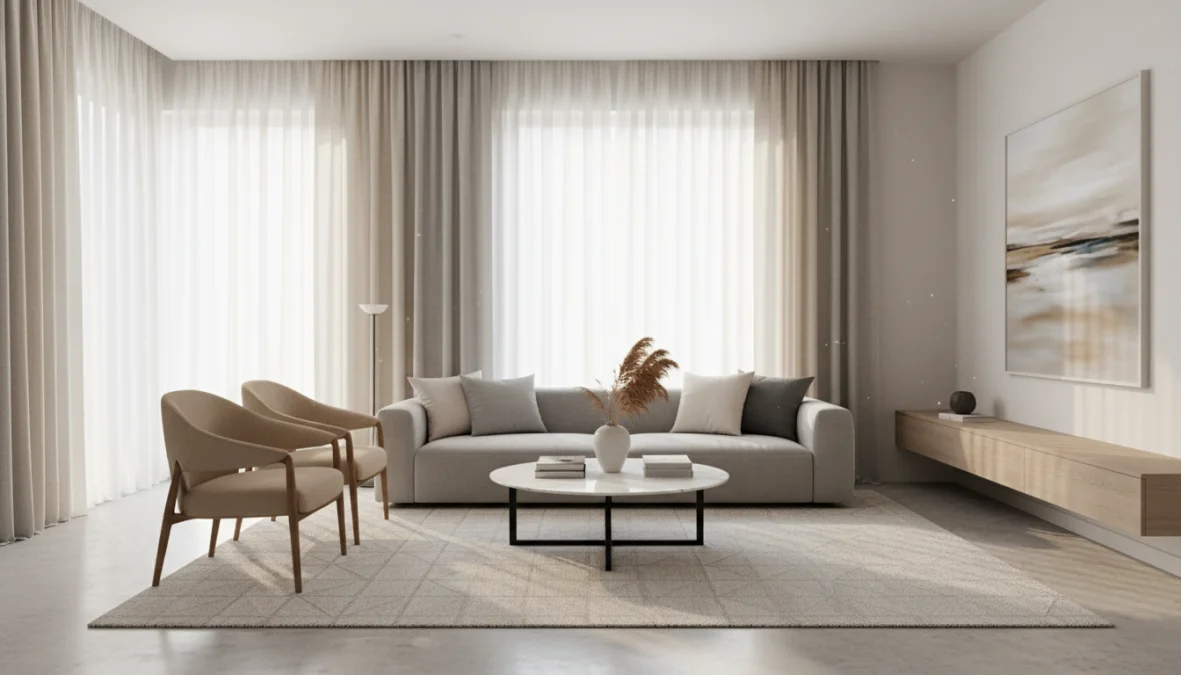 Tende eleganti per casa moderna con tessuti filtranti e arredamento contemporaneo