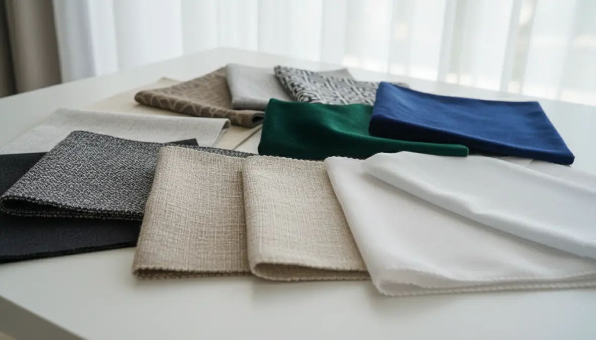 Campioni di tessuti per tende: cotone, lino, velluto e tessuti tecnici oscuranti