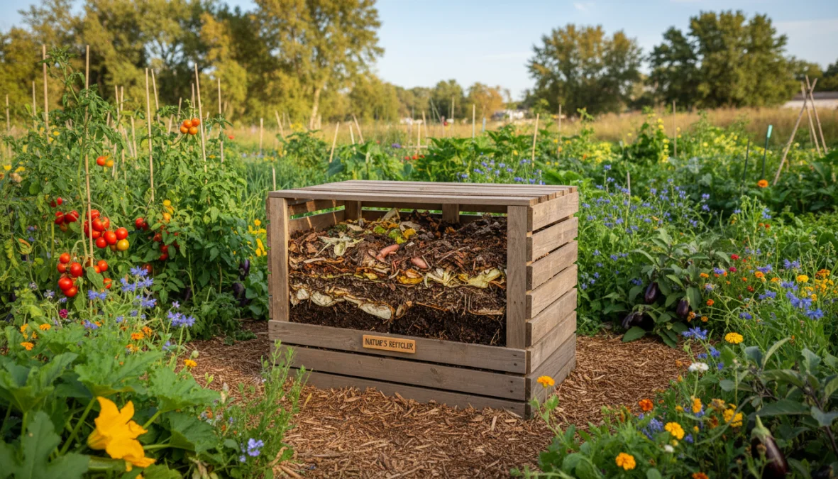 Compostiera domestica in legno installata in giardino con compost organico