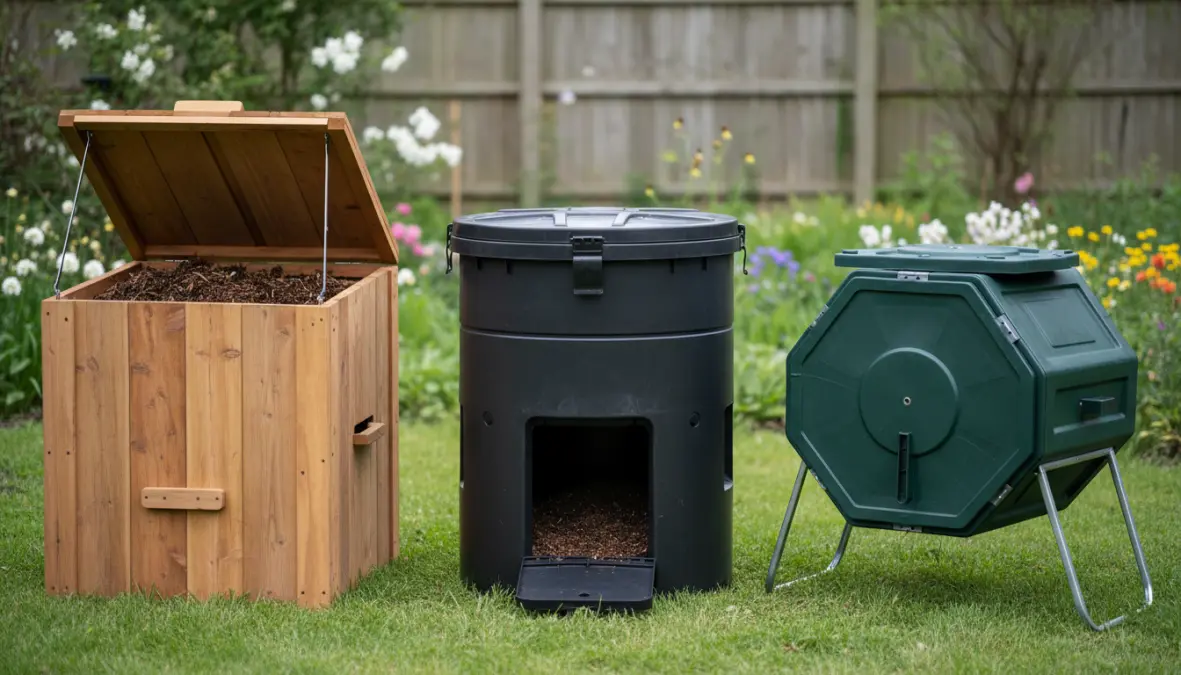 Diverse tipologie di compostiere da giardino: legno, plastica e rotante a confronto