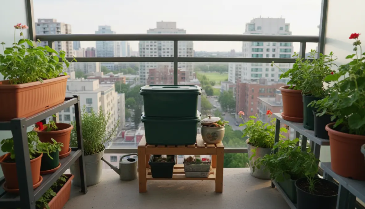 Compostiera da balcone compatta per spazi ridotti con sistema di vermicompostaggio