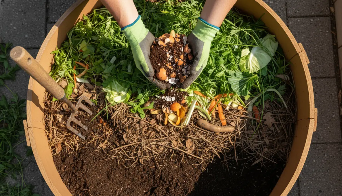 Processo di compostaggio domestico con scarti alimentari e materiali organici nella compostiera