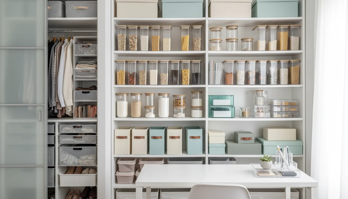 Contenitori organizzazione casa con diverse soluzioni salvaspazio e box organizzatori su scaffali