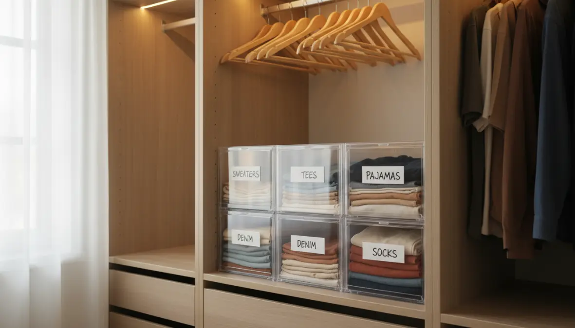Contenitori trasparenti impilabili per organizzare armadio con etichette e vestiti piegati