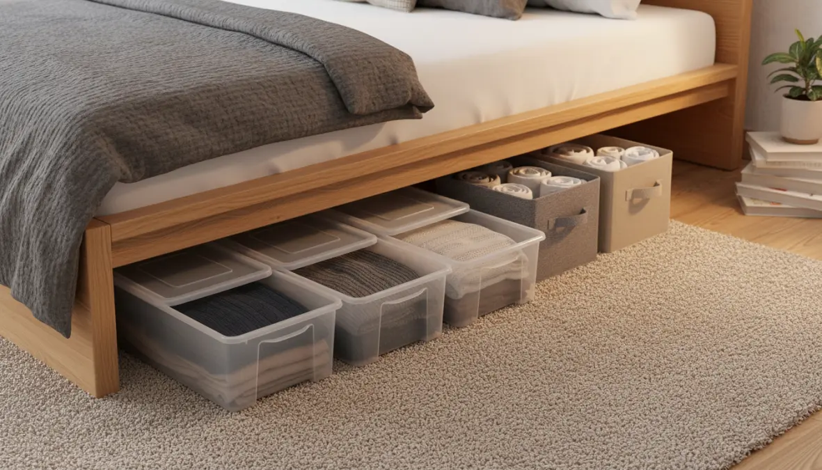 Contenitori sottoletto salvaspazio per riordino camera con box organizzazione per spazi piccoli