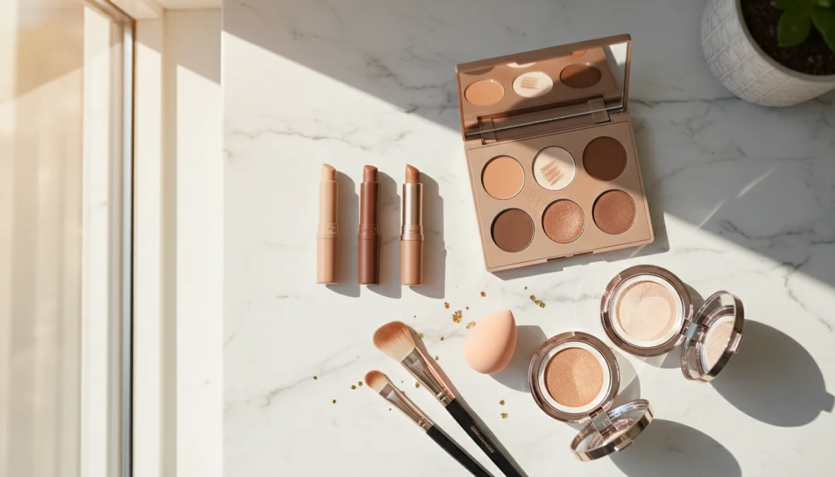 Prodotti e strumenti per contouring viso disposti su superficie elegante