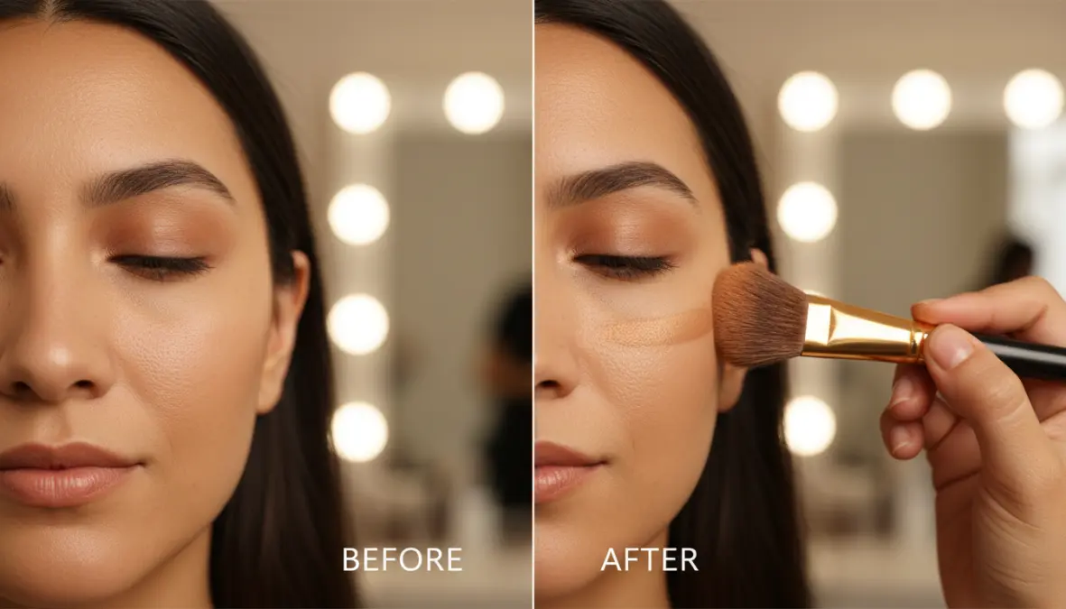 Applicazione tecnica contouring viso con pennello angolato sugli zigomi