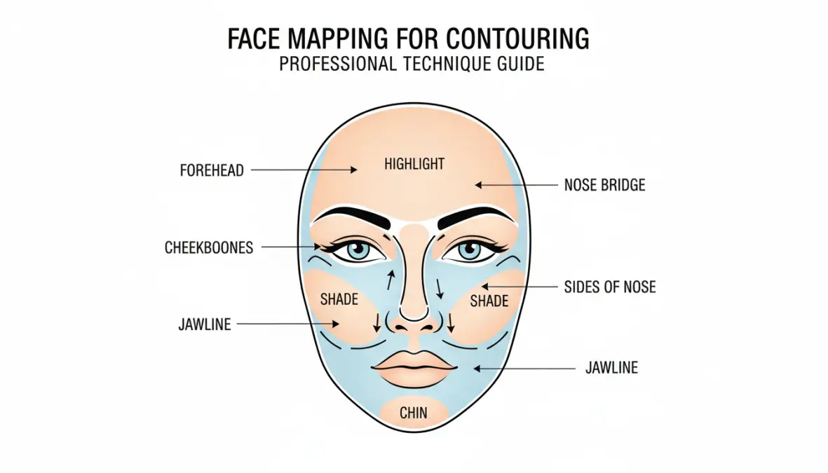 Schema zone viso per contouring con aree da ombreggiare e illuminare