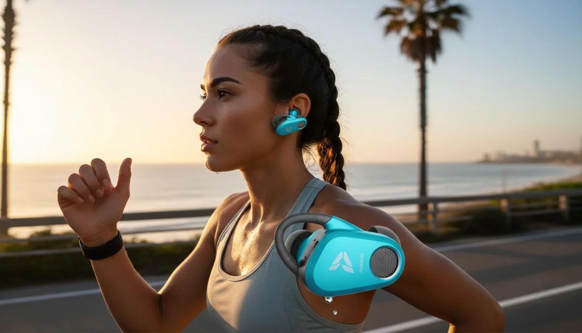 Cuffie wireless sport indossate da atleta durante corsa all'aperto