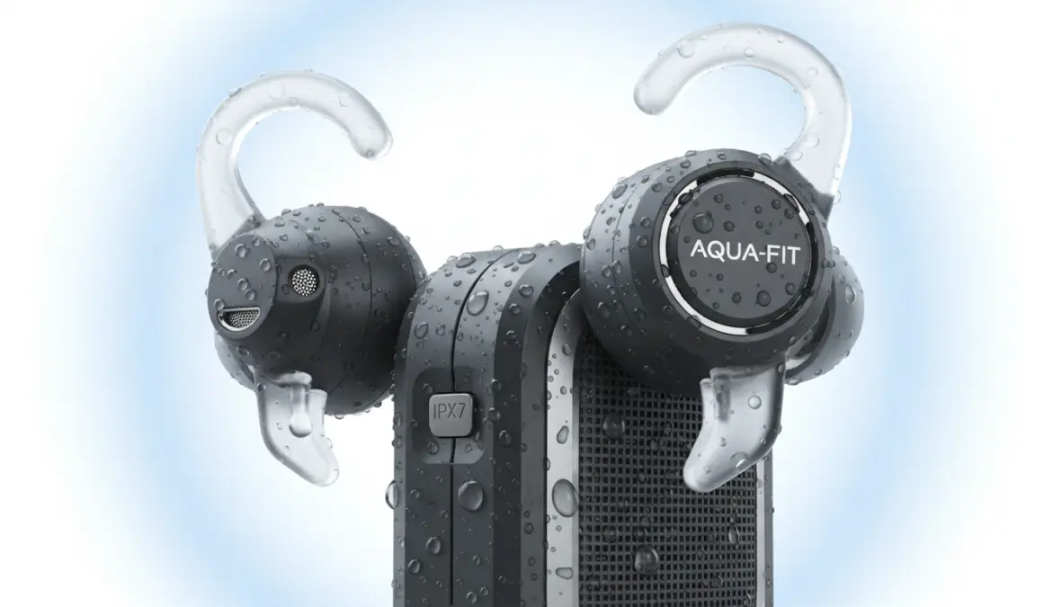 Auricolari sportivi impermeabili con certificazione IPX e gocce d'acqua