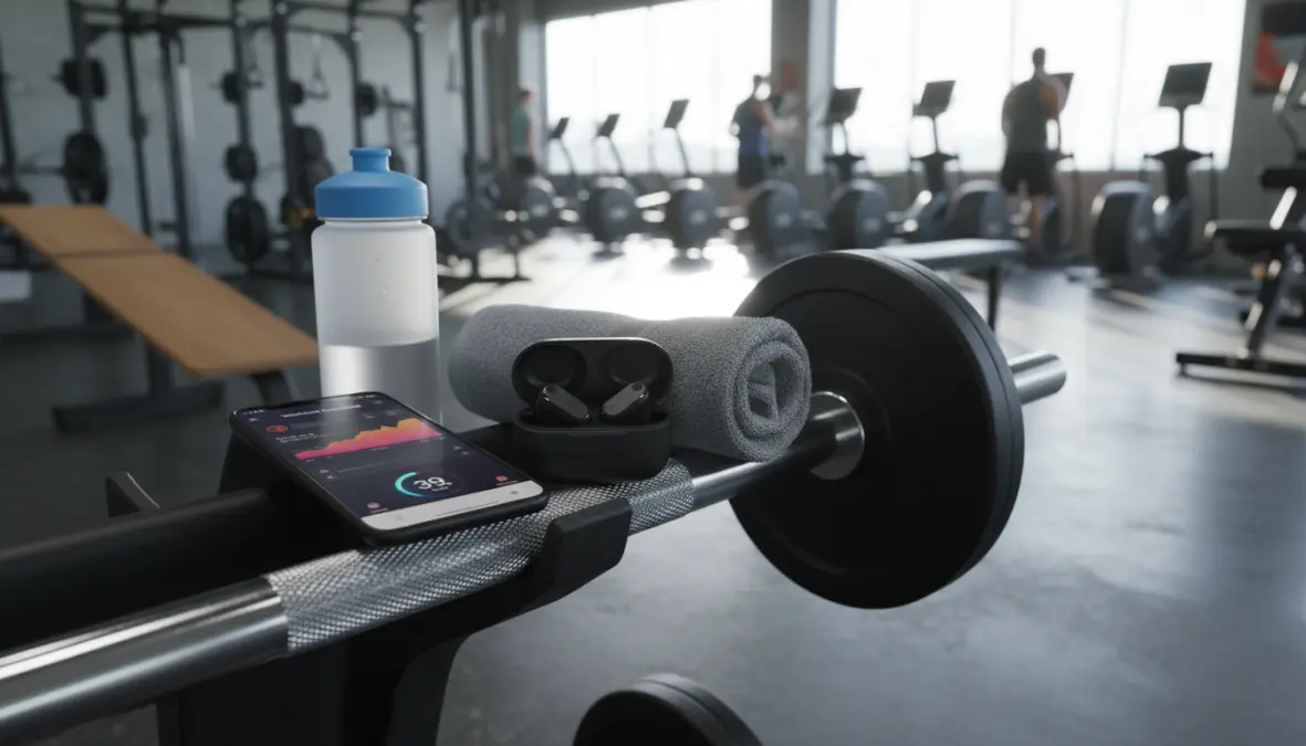 Cuffie bluetooth sport con custodia di ricarica in ambiente palestra