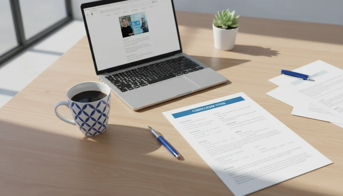 Scrivania professionale con curriculum vitae efficace e laptop per candidatura lavorativa