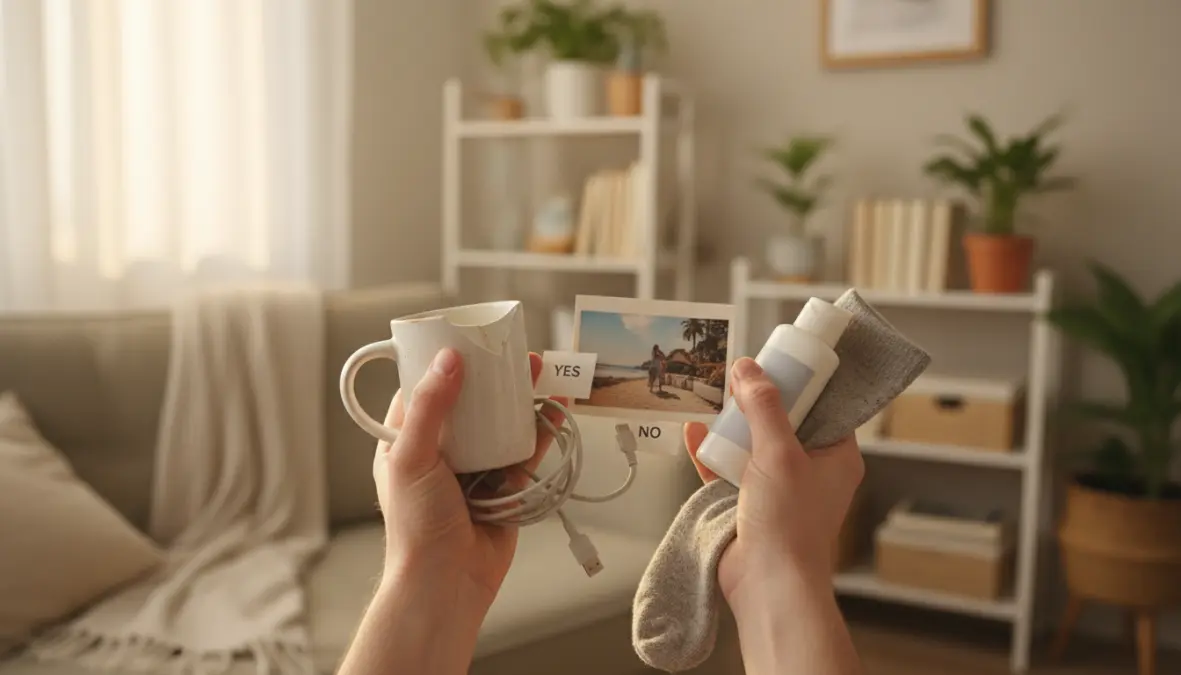 Processo di decluttering casa con selezione oggetti da eliminare