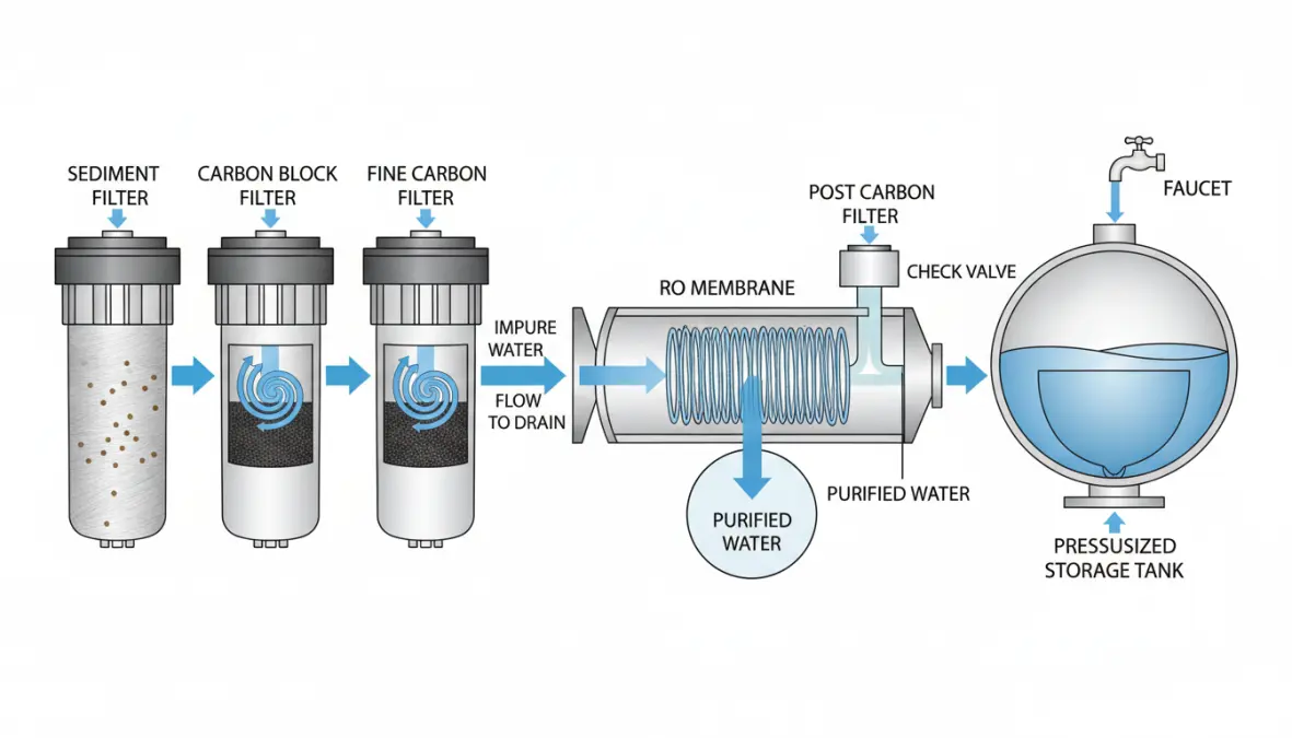Schema funzionamento sistema osmosi inversa domestica con stadi di filtrazione
