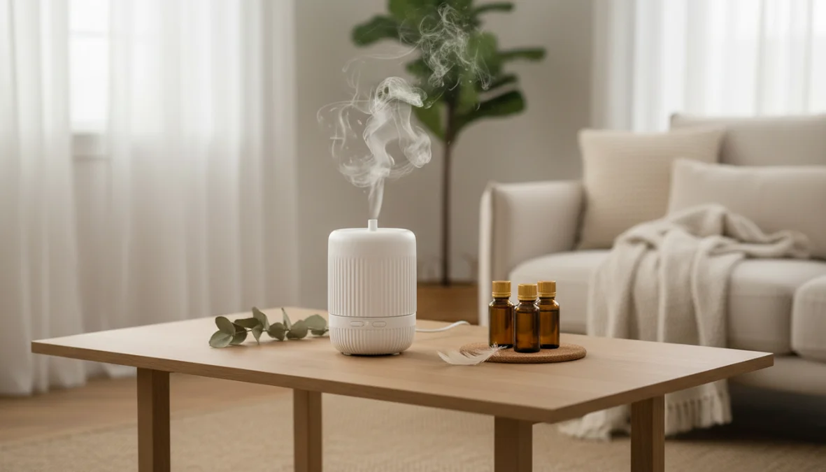 Diffusore aromi elegante che emette vapore in un ambiente domestico rilassante