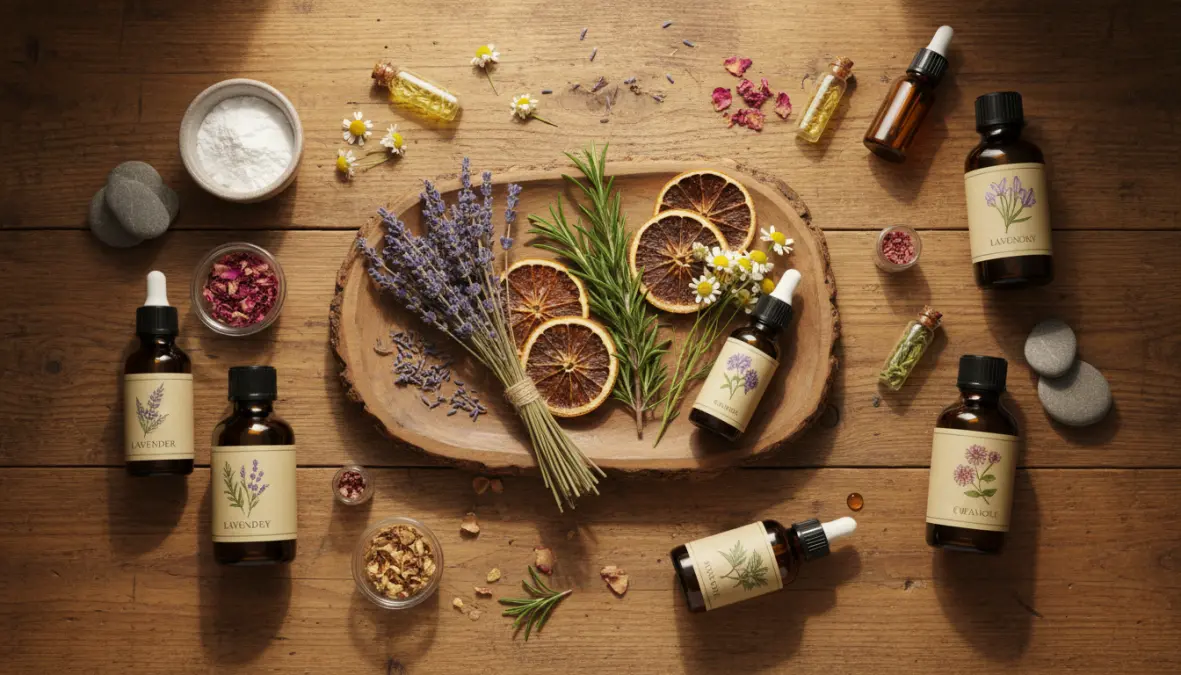 Oli essenziali e fragranze naturali per diffusori ambiente con ingredienti botanici