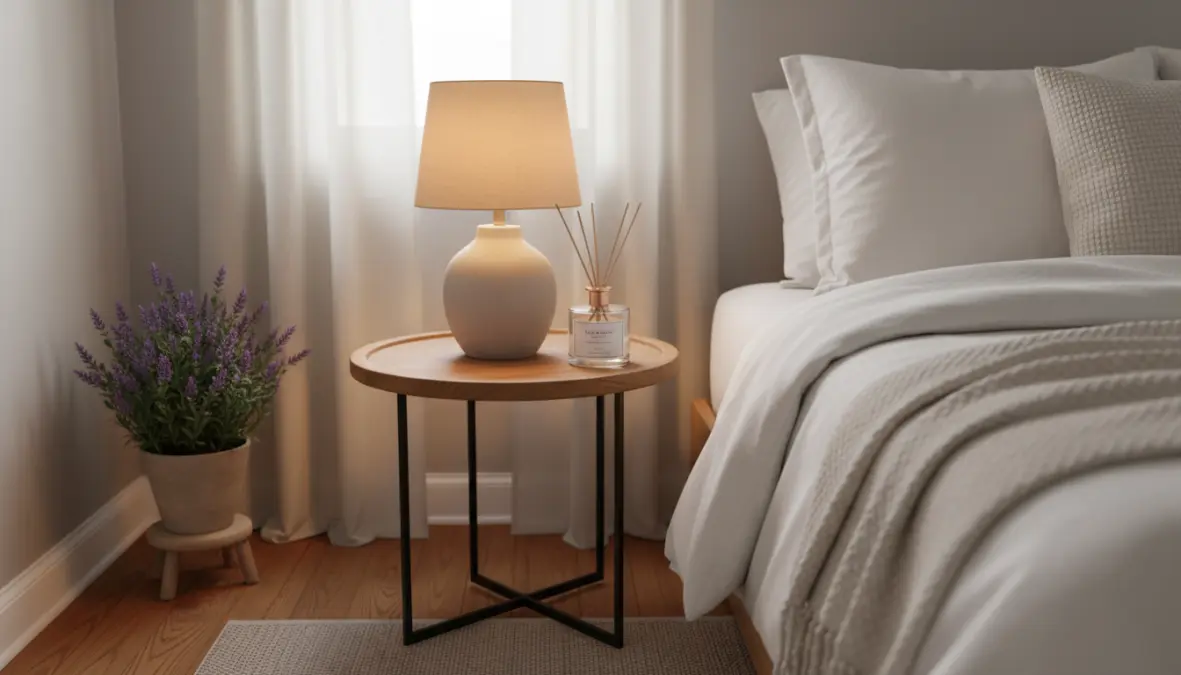 Diffusore ambiente naturale posizionato in camera da letto per profumazione rilassante