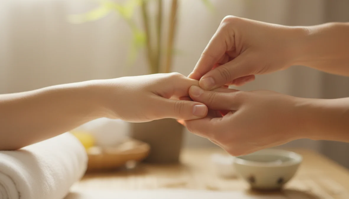 Mani che praticano digitopressione sul punto di pressione tra pollice e indice