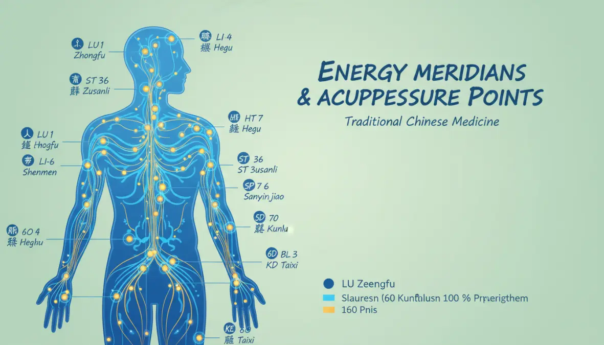 Mappa dei meridiani energetici e punti di digitopressione sul corpo umano