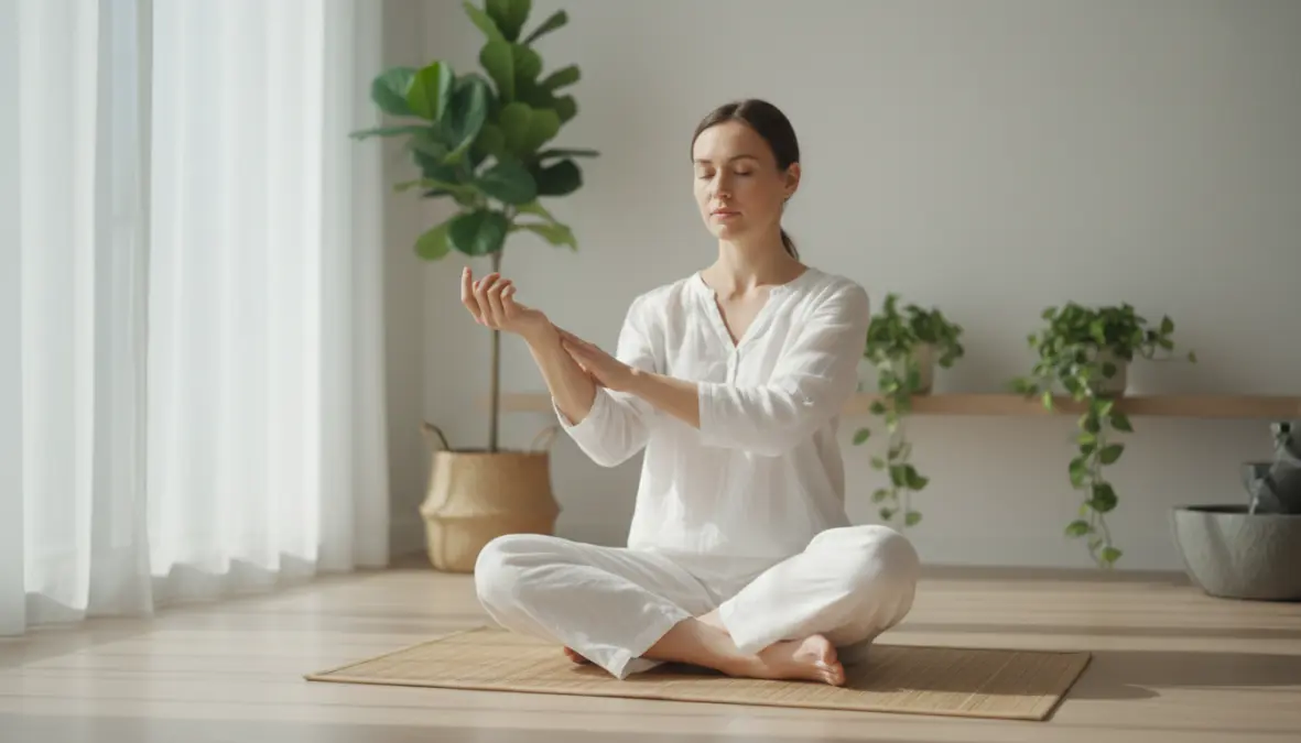 Donna che pratica automassaggio digitopressione sul punto PC6 del polso