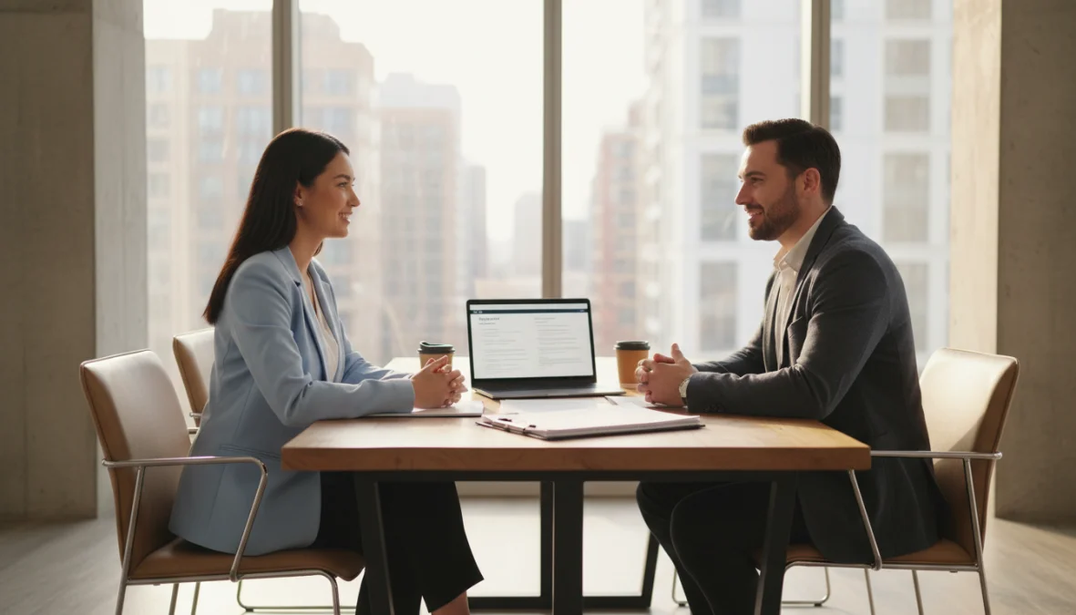 Colloquio di lavoro tra recruiter e candidato in ufficio moderno con domande e risposte