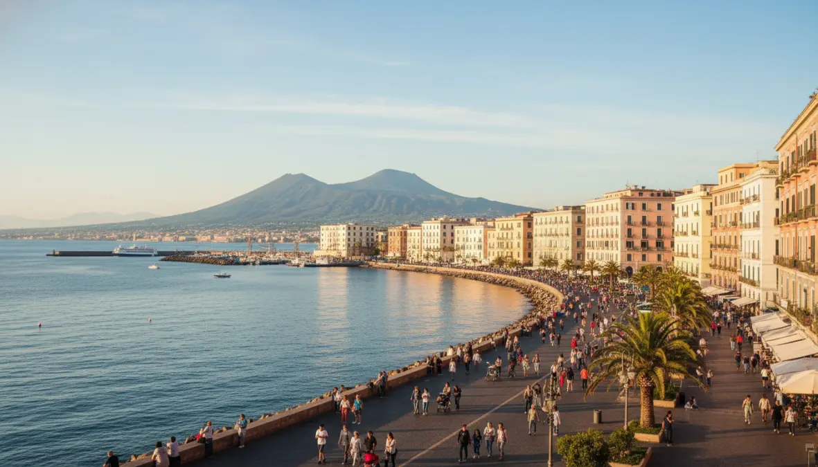 Lungomare di Napoli a marzo con il Vesuvio, città del Sud Italia da visitare in primavera