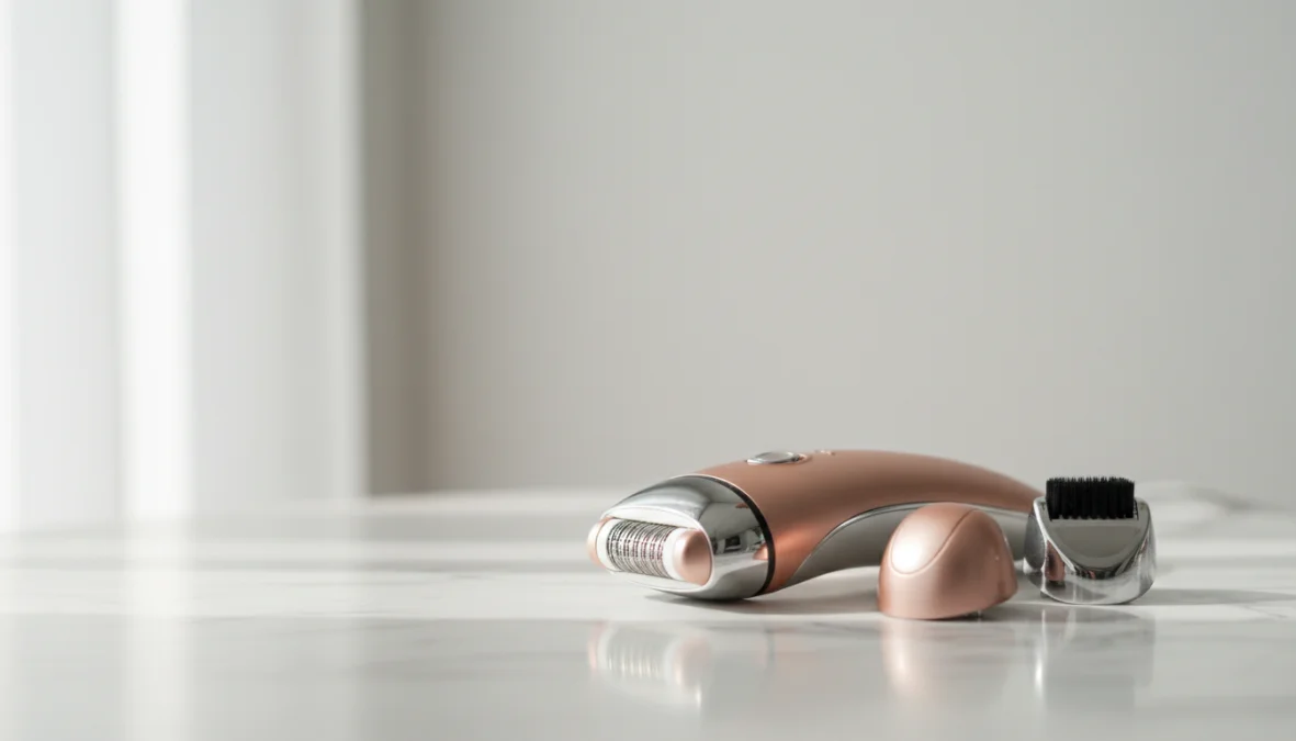 Epilatore elettrico moderno con testine intercambiabili su superficie elegante