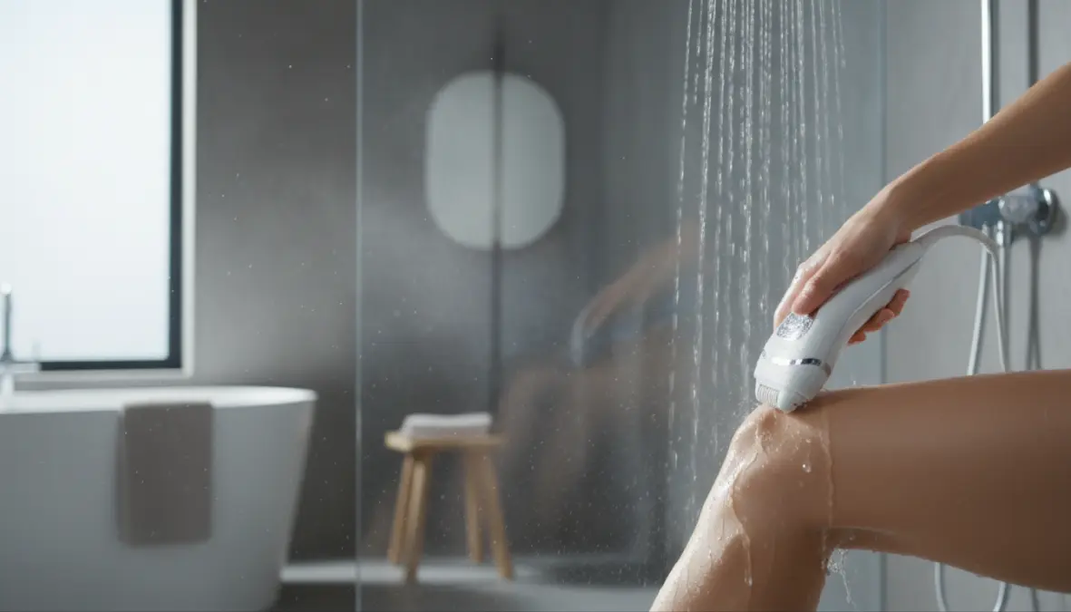 Utilizzo epilatore wireless impermeabile sotto la doccia per epilazione a umido