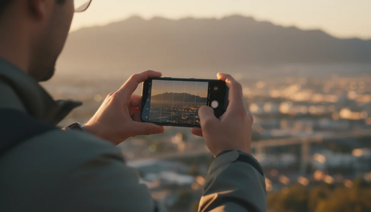 Persona che scatta fotografia smartphone professionale con luce naturale