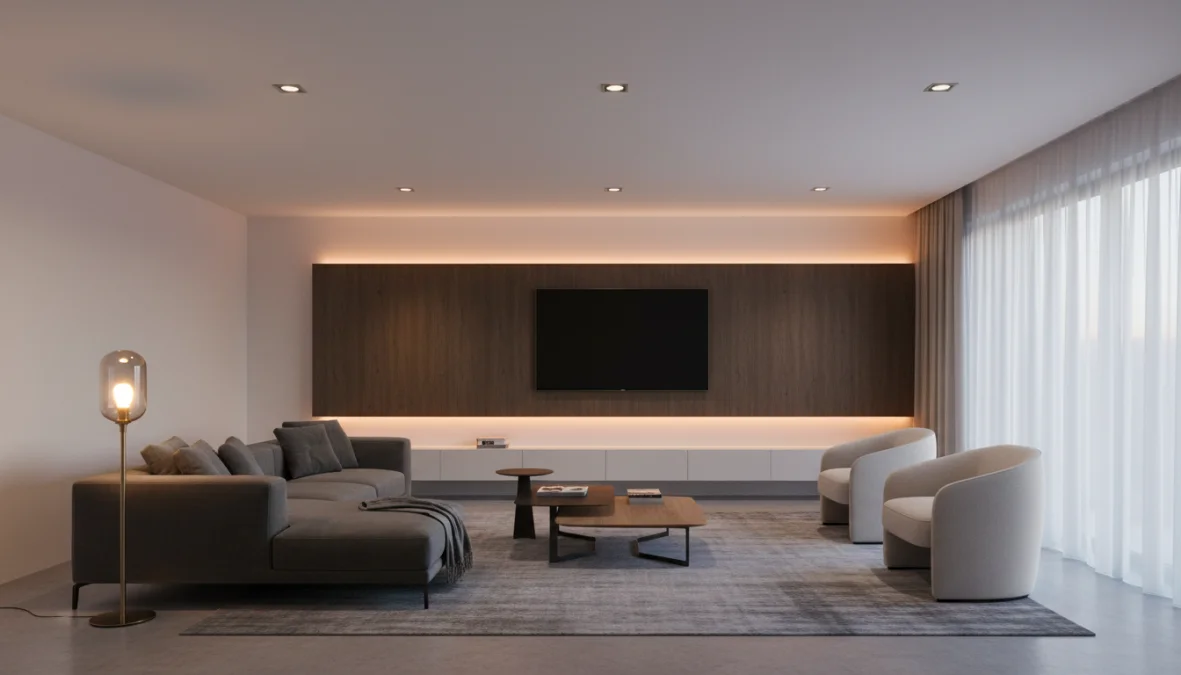 Illuminazione soggiorno moderna con sistema di luci stratificate e lampade LED