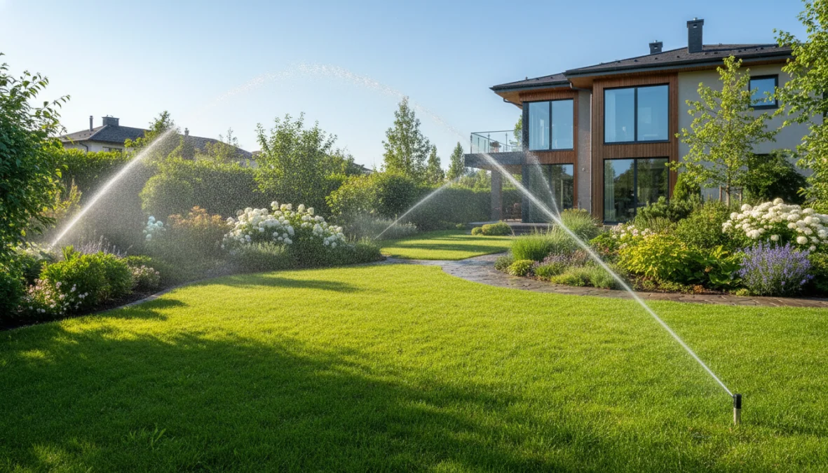 Sistema di irrigazione automatica giardino in funzione con irrigatori pop-up su prato verde