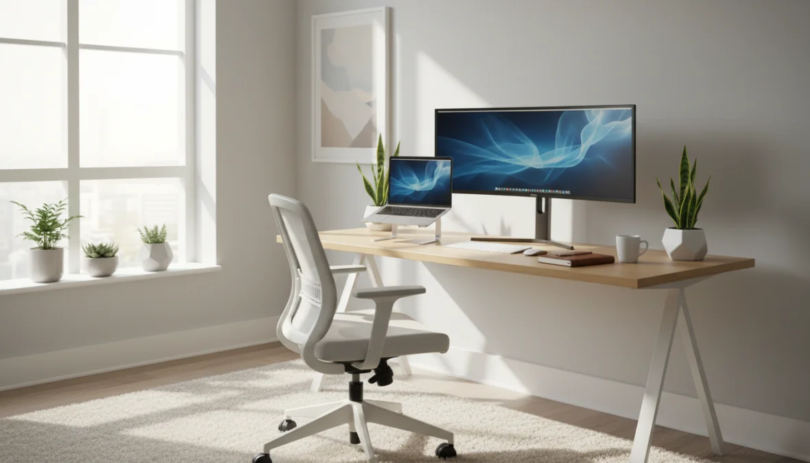 Postazione lavoro da remoto organizzata con scrivania, computer e illuminazione naturale per smart working produttivo