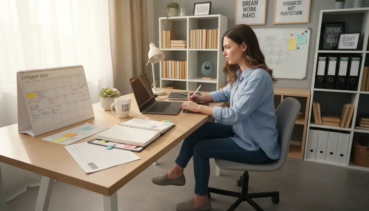 Professionista che segue una routine quotidiana strutturata per il lavoro da remoto nel proprio home office