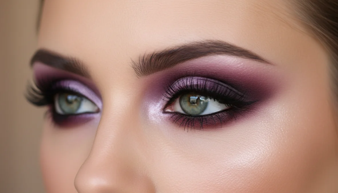 Makeup occhi verdi con ombretti viola e borgogna per valorizzare l'iride verde