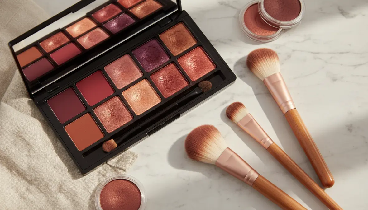 Palette di ombretti per occhi verdi con tonalità borgogna, prugna e bronzo rame