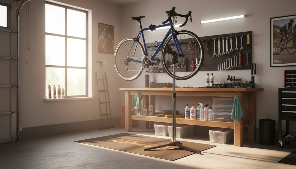 Postazione per manutenzione bicicletta fai da te con attrezzi e strumenti organizzati