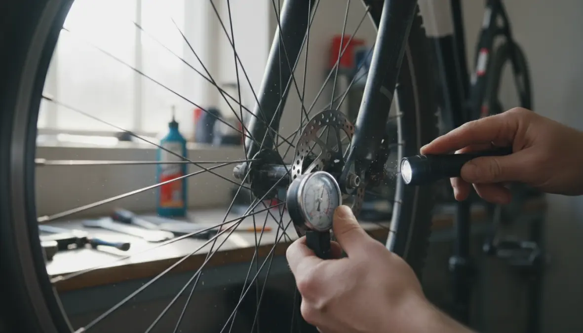 Controllo freni pneumatici e ruote durante manutenzione periodica bicicletta
