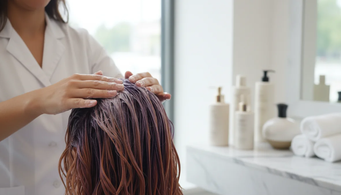 Donna applica maschera per capelli colorati su chioma luminosa e vibrante