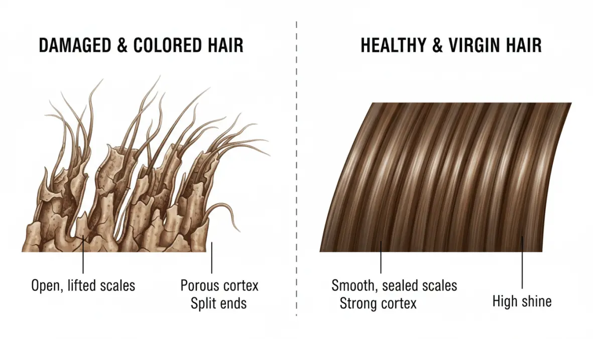 Struttura del capello colorato danneggiato con cuticole aperte che necessita trattamento