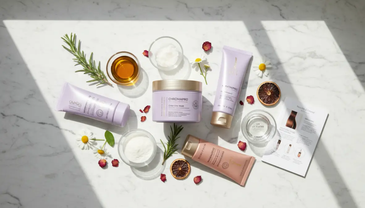 Selezione di maschere professionali per capelli colorati con ingredienti nutrienti