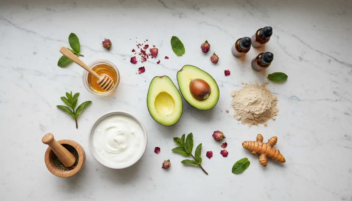 Ingredienti naturali per maschere viso fai da te su superficie bianca