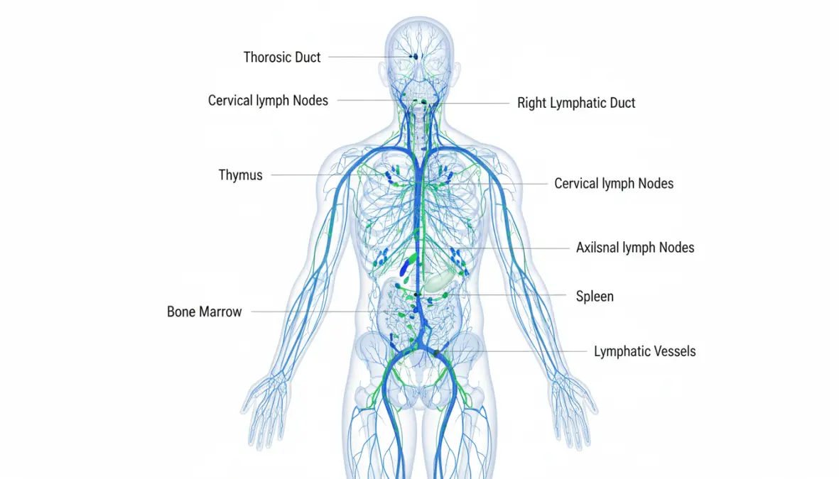 Schema del sistema linfatico umano con linfonodi e circolazione linfatica