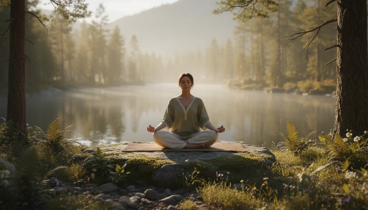 Persona che pratica meditazione guidata seduta in posizione rilassata in ambiente naturale sereno