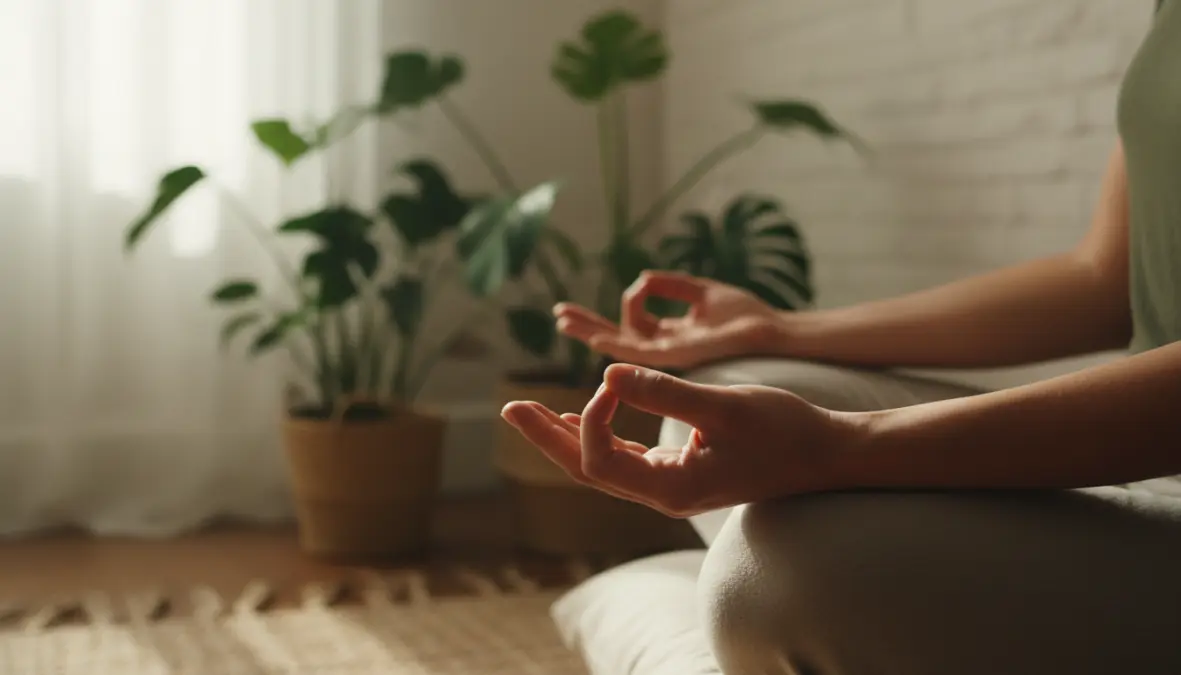 Mani in posizione di meditazione mindfulness per principianti durante esercizio di consapevolezza