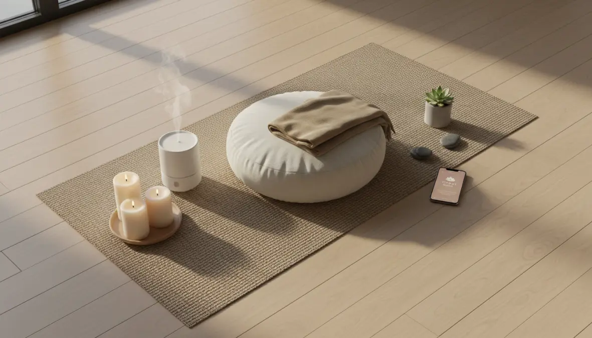 Setup completo per iniziare la pratica di meditazione guidata con accessori per il rilassamento