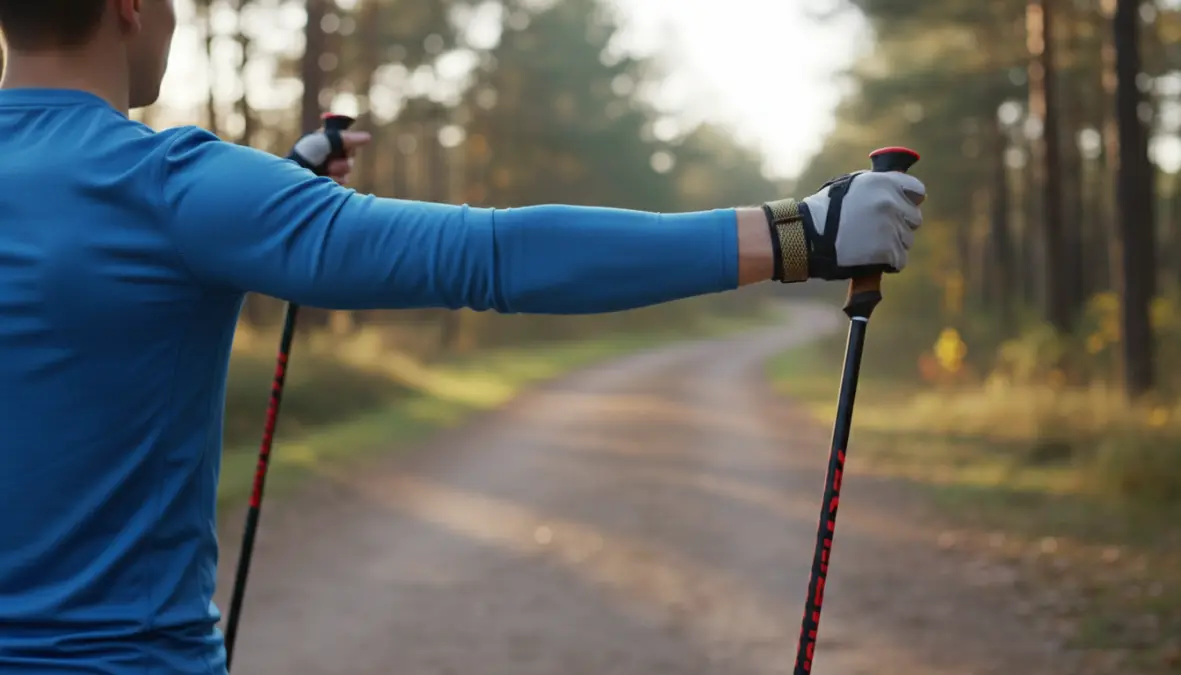 Dettaglio tecnica corretta nordic walking con bastoncini e postura braccia