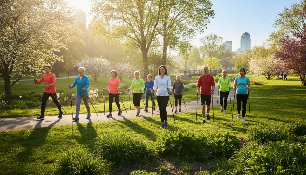 Gruppo di persone che praticano nordic walking per dimagrire e fitness all'aria aperta
