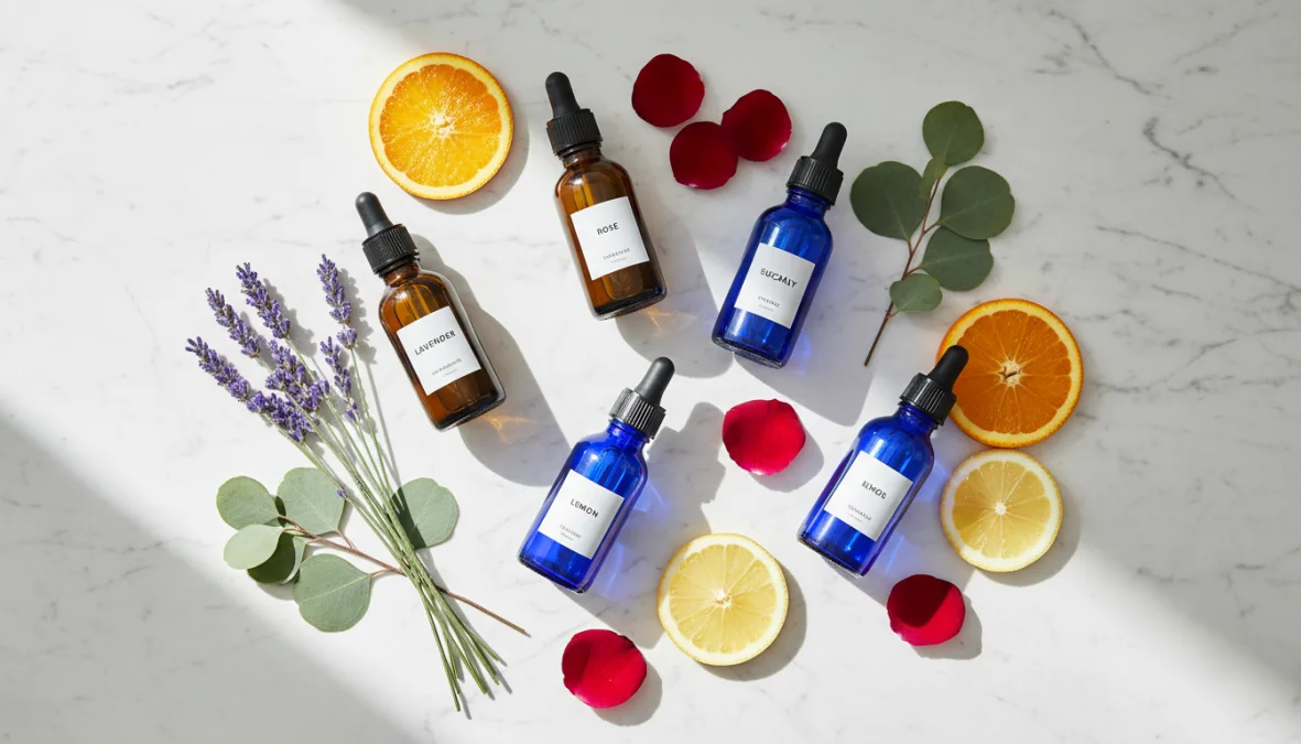 Oli essenziali puri in boccette di vetro scuro circondati da piante aromatiche fresche su sfondo bianco